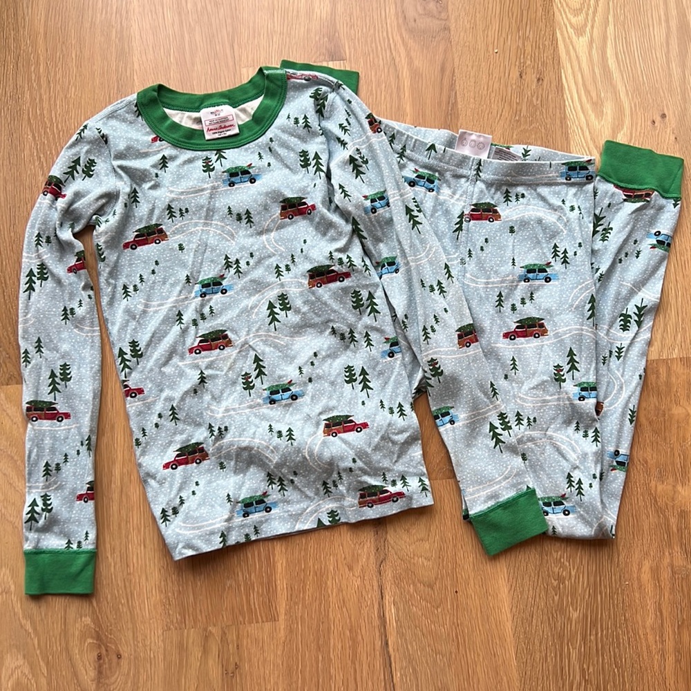 Hanna Andersson blue, green, red car holiday long john pajamas